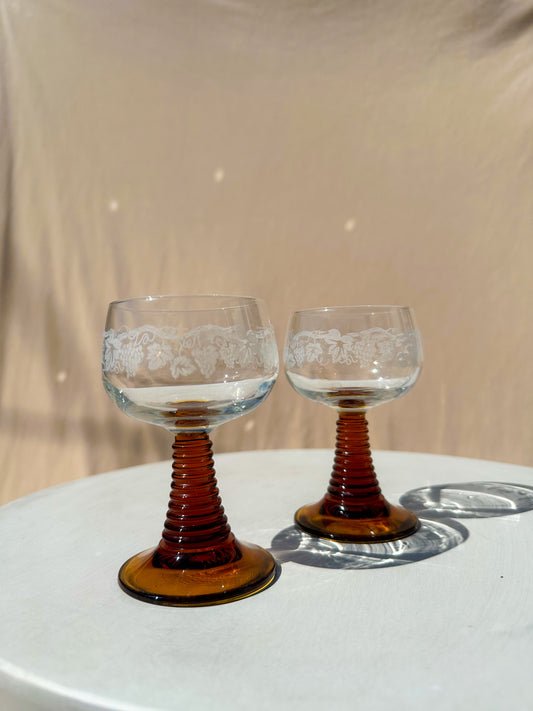 Cristal d'Arques Wine Goblets Beehive Amber Stem Grape Motif • Pair
