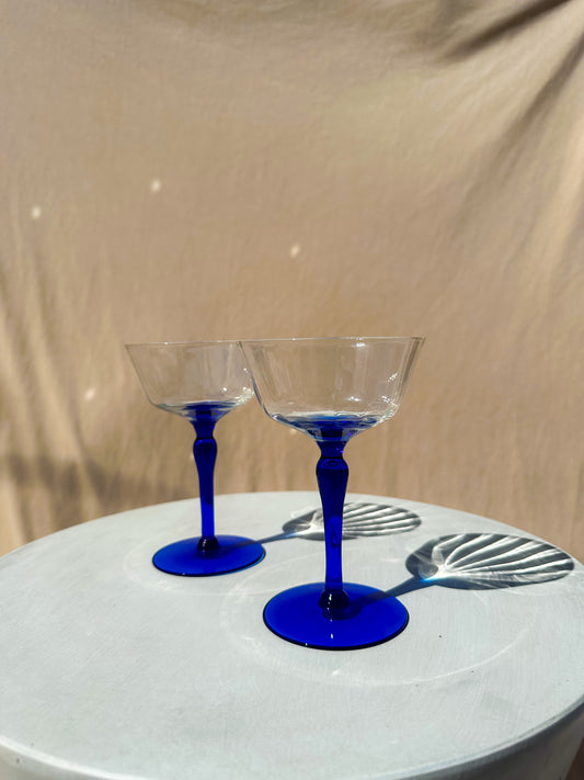 Cobalt Blue Stemmed Optic Champagne Glasses • Pair